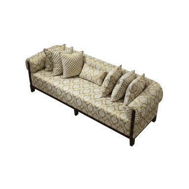 A traditional, ornate upholstered sofa featuring a gold and cream damask pattern, rolled armrests, dark wood frame, and multiple coordinating throw pillows. — 3D model (AI enhanced source)
