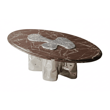 An oval-shaped coffee table featuring a polished brown marble top with prominent white veining. An abstract, irregular-shaped inlay of lighter grey stone is centered on the tabletop. The table is supported by a sculptural, three-pronged metallic base with an organic, uneven, and reflective surface finish, likely polished chrome or nickel, giving it a fluid appearance. — 3D model (AI enhanced source)