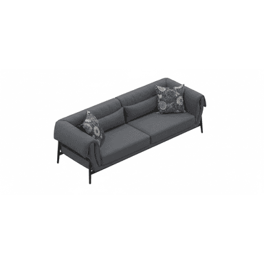 A contemporary gray fabric sofa featuring a minimalist design with a visible black metal frame. The sofa has two large seat cushions and two back cushions, complemented by gracefully rolled armrests that extend to meet the base frame. Two decorative throw pillows with a multi-colored floral pattern are placed on the sofa, adding a touch of visual interest. The overall aesthetic is clean and modern. — 3D model (AI enhanced source)