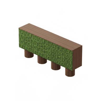 A long, low-profile credenza featuring a dark wood grain finish on its top and side panels, contrasting with a vibrant textured green front facade. The front is composed of square-like panels with an organic, wavy, or sculpted surface pattern, giving it a distinctive tactile appearance. The credenza is supported by four robust, cylindrical wood legs that match the main body's wood tone. — 3D model (AI enhanced source)