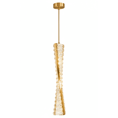 A modern pendant light featuring a twisted brass-finished frame embedded with facet-cut clear crystals, suspended from a matching circular canopy by a slender rod. The integrated light source illuminates the crystals, creating a sparkling effect. — 3D model (AI enhanced source)