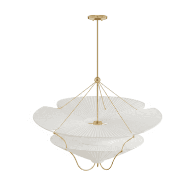 A contemporary tiered pendant light featuring multiple layers of white, finely pleated fabric shades suspended by a slender brass rod. The shades have a soft, scalloped edge design, and are supported by delicate brass chains and curved metallic rods. The light is designed to hang from a ceiling canopy, also finished in brass, providing diffused illumination through its layered textile structure. The overall aesthetic is elegant and modern. — 3D model (AI enhanced source)