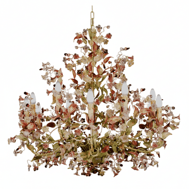 A multi-tiered chandelier designed to resemble a floral arrangement. It features a central metal structure adorned with numerous sculpted flowers, leaves, and buds in various shades of green, pink, red, and cream. The structure is embellished with smaller decorative elements that resemble berries or dewdrops. Multiple candle-shaped light bulbs are integrated into the design. — 3D model (AI enhanced source)