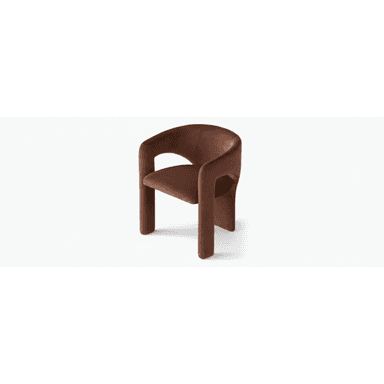 A contemporary armchair fully upholstered in a rich, warm brown velvet or similar plush fabric, featuring a distinctive rounded barrel back and integrated armrests. The chair's design is monolithic, with the base seamlessly merging into the main body, creating a soft, sculptural silhouette without exposed legs. — 3D model (AI enhanced source)