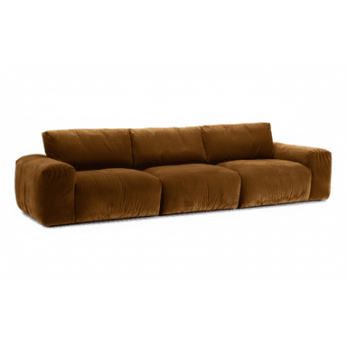 A long, low-profile three-seater sofa upholstered in a rich, warm brown velvet fabric, featuring a distinct block-like construction for the seat, back, and armrests. — 3D model (AI enhanced source)