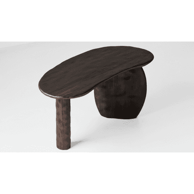 A dark wooden coffee table with an organic, asymmetrical shape. It features a freeform, oval-like tabletop that extends over a bulbous base and is supported by a single, textured cylindrical leg on one side. The overall design is sculptural and modern. — 3D model (AI enhanced source)