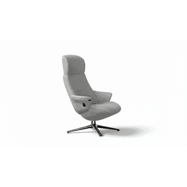 A modern grey armchair with a high back and integrated speakers on the sides. The chair features a swivel base with multiple legs. — 3D model (AI enhanced source)