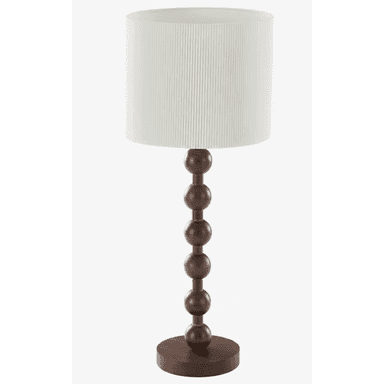 A table lamp featuring a distinctive dark wood base constructed from five stacked spherical elements, decreasing in size from bottom to top, atop a round, flat wooden pedestal. It is topped with a cylindrical drum shade made of white, vertically fluted material, providing diffused light. The design leans towards a modern or contemporary aesthetic with natural material accents. — 3D model (AI enhanced source)