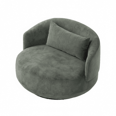 A large, round upholstered swivel lounge chair in a dark gray-green fabric, featuring a continuous curved backrest and integrated arms, with a matching lumbar cushion. — 3D model (AI enhanced source)