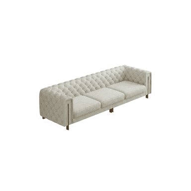 A long, light-colored sofa featuring a diamond-patterned tufted back and armrests, three individual seat cushions, and integrated vertical metal accents on the outer edges of the armrests, extending down to short, slender legs. — 3D model (AI enhanced source)