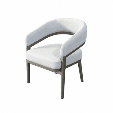 A modern upholstered chair featuring a light grey fabric seat and a continuous, rounded backrest and armrest section. The chair is supported by a dark, sleek frame that outlines the upholstered elements and forms the four tapered legs. — 3D model (AI enhanced source)