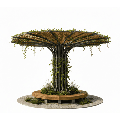 A large, contemporary outdoor structure designed to provide both shade and seating. It features a central, tree-like metal column that branches out to support a wide, circular canopy made of slatted wood and covered with climbing green plants. A segmented, circular wooden bench is integrated into the base, surrounding a central planter with additional foliage, all set on a paved circular platform. — 3D model (AI enhanced source)