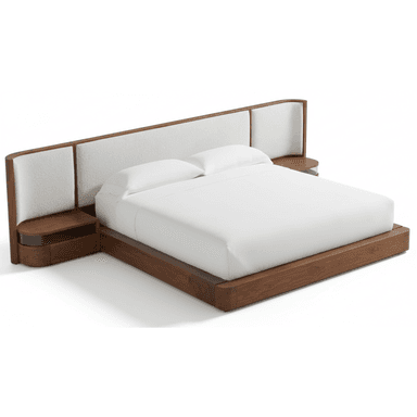 A modern platform bed featuring a dark wood frame, a wide upholstered headboard, and integrated floating nightstands with drawers. — 3D model (AI enhanced source)