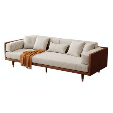 A modern sofa featuring an exposed dark wood frame that encompasses the seat and back, providing structural and aesthetic definition. The sofa is upholstered in a light beige or cream fabric, consisting of three main seat cushions and multiple back and throw pillows, offering a plush seating experience. The frame rests on slender, round tapered legs, which are dark wood at the top and transition to a metallic, possibly brass or gold-finished, cap at the bottom, adding a touch of elegance. An orange throw blanket is casually draped over one side of the sofa. — 3D model (AI enhanced source)