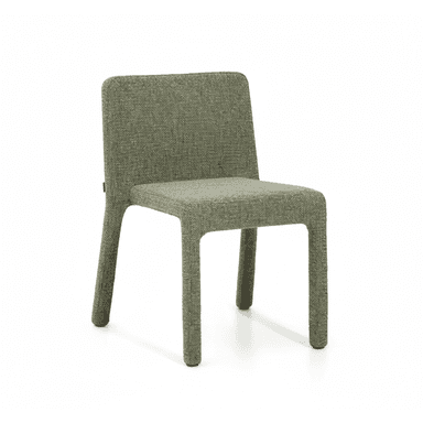 An armless side chair featuring a continuous, fully upholstered form in a heather olive green fabric. The design is minimalist, with a straight back and seat, and four integrated legs that are also covered in the same fabric, giving the piece a monolithic appearance. — 3D model (AI enhanced source)