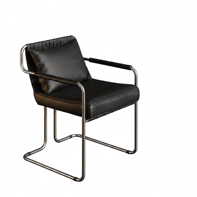 A modern armchair featuring a tubular metal frame and black leather upholstery. It has a distinctive cantilever base and padded armrests, with a separate back cushion. — 3D model (AI enhanced source)