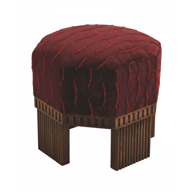 An Art Deco style upholstered stool featuring a hexagonal top with rich, deep red fabric that has a contrasting lighter red textured, wavy pattern. The stool is supported by a dark wooden base with a distinctive frieze of rectangular cutouts just below the upholstery, transitioning to fluted or reeded vertical panels that form the legs. — 3D model (AI enhanced source)