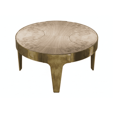 A round coffee table featuring a light-toned natural wood top with prominent grain patterns, supported by a distressed brass-finished metal base with integrated, flared legs. — 3D model (AI enhanced source)