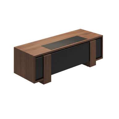 A modern executive desk with a substantial rectangular form, featuring a dark walnut wood veneer finish. The design incorporates thick, integrated slab legs and a flush-mounted black inlay on the work surface. The front facade includes a recessed matte black panel, suggesting integrated storage or a modesty panel. — 3D model (AI enhanced source)