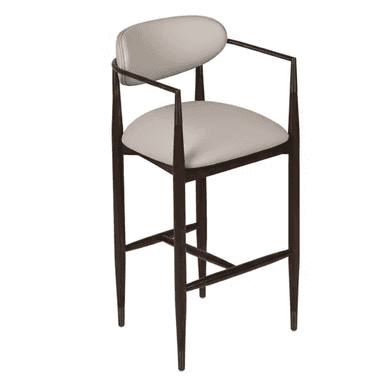 A contemporary bar stool featuring a dark stained wooden frame with a cream-colored upholstered seat and backrest. The frame includes integrated armrests and a wraparound footrest. The legs are tapered, contributing to a sleek and modern aesthetic. — 3D model (AI enhanced source)