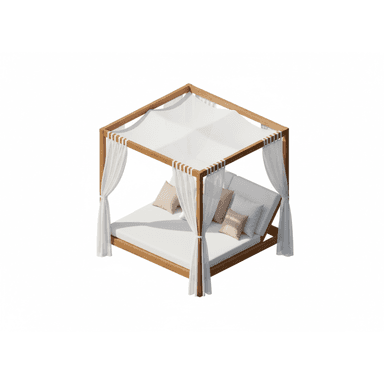 A modern outdoor canopy daybed featuring a natural light-toned wooden frame, a white fabric canopy, and matching white, thick upholstered cushions with several beige throw pillows. — 3D model (AI enhanced source)