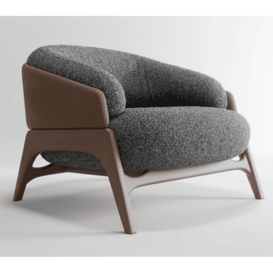 A modern lounge chair featuring a deep, comfortable seat and back upholstered in a textured grey fabric. The chair's structure incorporates an outer shell and integrated legs made from a smooth, light brown wood or wood composite, forming a cohesive and organically curved silhouette. The design emphasizes comfort and contemporary aesthetics. — 3D model (AI enhanced source)