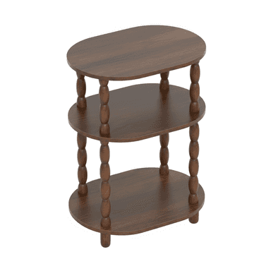 A dark brown wooden three-tiered oval table with turned spindle legs, designed for display or storage. — 3D model (AI enhanced source)