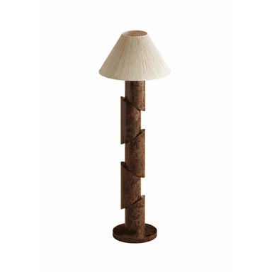 A tall floor lamp featuring a distinctive segmented and slightly spiraled stem made from burled wood or wood veneer, resting on a circular base. It is topped with a conical, pleated fabric lampshade in a light, neutral color. — 3D model (AI enhanced source)