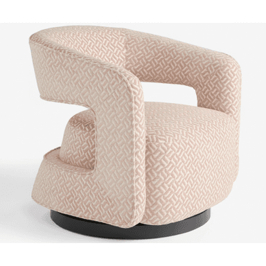 A modern armchair with a rounded silhouette and integrated armrests. The chair features a swivel base and is upholstered in a textured fabric with a geometric pattern. The base is circular and black. — 3D model (AI enhanced source)