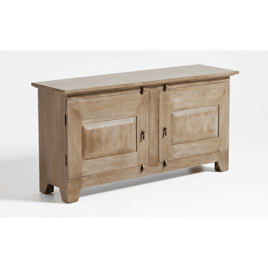 A rustic distressed wood sideboard cabinet with a light, weathered finish. It features a rectangular top, two cabinet doors with raised panel details, and simple dark metal ring pull handles and visible hinges. The cabinet stands on short, recessed block feet. — 3D model (AI enhanced source)