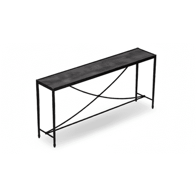 A long, narrow console table featuring a dark, textured rectangular top supported by a slender black metal frame. The frame includes distinctive X-shaped cross-bracing elements for stability and an industrial aesthetic. — 3D model (AI enhanced source)