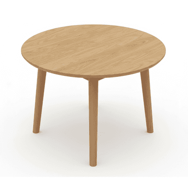 A round-topped side table with three tapered legs. The tabletop has a visible wood grain pattern and is light brown in color. The legs are also made of wood and are angled outwards from the center. — 3D model (AI enhanced source)