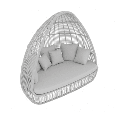 A white, woven daybed with a rounded, cocoon-like canopy structure. It features a large, upholstered cushion base and several throw pillows. The woven pattern forms a lattice-like enclosure, providing partial privacy and a distinct aesthetic. — 3D model (AI enhanced source)