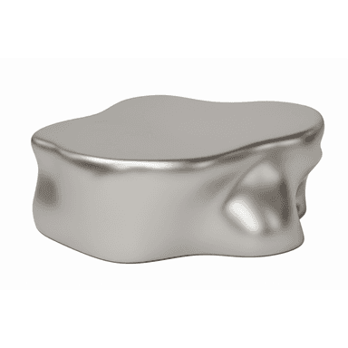 A low-profile, irregularly shaped coffee table with an organic, fluid form and a highly polished, reflective metallic finish. The design mimics molten metal or a naturally eroded stone, rendered in a sleek, contemporary material. — 3D model (AI enhanced source)