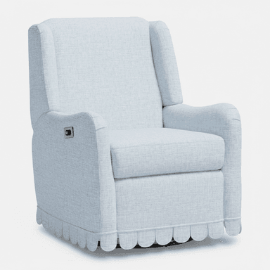 A light blue upholstered recliner featuring a distinctive scalloped skirt around its base and integrated armrests. A control button for recline is visible on the side. — 3D model (AI enhanced source)