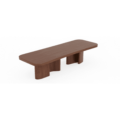 A modern dining table with a rich walnut finish, featuring a rectangular top with softly rounded corners. The table is supported by two distinct, wavy, sculptural pedestal bases, offering a unique and stable foundation. — 3D model (AI enhanced source)