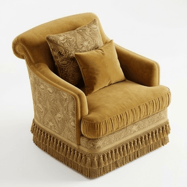 A traditional upholstered armchair featuring a golden yellow velvet-like fabric, scrolled arms, a loose seat cushion, and a distinctive tassel skirt around the base. It includes two decorative throw pillows. — 3D model (AI enhanced source)