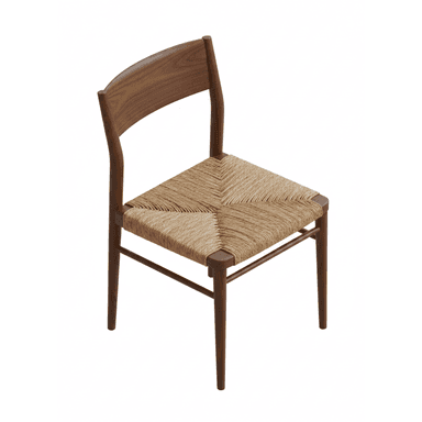 A wooden chair with a woven seat and backrest. The chair features tapered legs and a curved back. — 3D model (AI enhanced source)