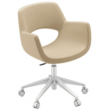 A contemporary swivel desk chair featuring a continuous, scooped seat and backrest design with integrated arms, upholstered in a smooth beige material. It rests on a five-star base made of brushed silver-tone metal, fitted with durable casters for mobility. A lever is visible beneath the seat, indicating height adjustment functionality. — 3D model (AI enhanced source)