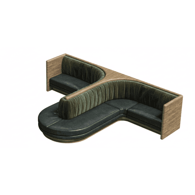 A bespoke, curvilinear booth seating unit featuring a light wood frame and dark green upholstery. The design incorporates both smooth leather-like seating surfaces and vertically channel-tufted backrests, creating a textured contrast. A central, integrated partition or planter, also finished in light wood and dark green upholstery, divides two seating areas. The overall structure suggests a modular or custom-fitted design suitable for commercial or hospitality environments. — 3D model (AI enhanced source)