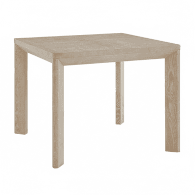 A minimalist square dining table constructed from wood with a light, washed oak finish. It features a thick, solid tabletop supported by four sturdy, square-profile block legs. The design emphasizes clean lines and a simple, contemporary aesthetic, allowing the natural grain of the wood to be a prominent visual feature despite the light finish. — 3D model (AI enhanced source)