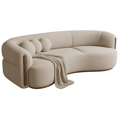 A contemporary curved sofa upholstered in light beige boucle fabric with subtle integrated wood accents. — 3D model (AI enhanced source)