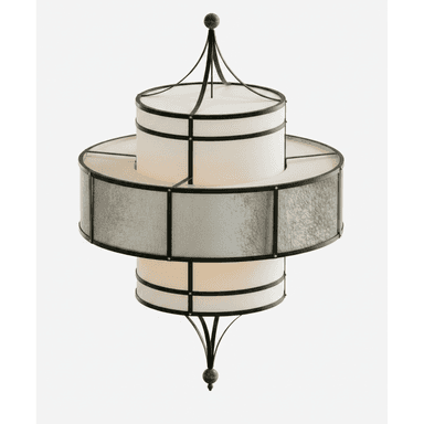 A multi-tiered cylindrical hanging light fixture featuring a dark metal framework. The top and bottom tiers have plain, translucent diffuser panels, while the larger middle tier showcases textured, mottled glass panels. The fixture is adorned with ornate finial details at its apex and base, suspended by an integrated hanging structure. — 3D model (AI enhanced source)