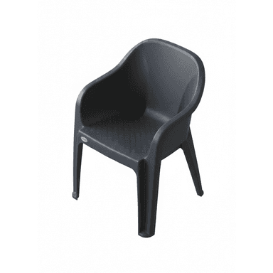 A dark grey, single-piece molded plastic armchair featuring integrated armrests and a slightly reclined backrest. The seat and back exhibit a textured, crosshatch pattern for enhanced grip and visual interest. It stands on four sturdy, tapered legs that are integral to the chair's overall molded structure. — 3D model (AI enhanced source)