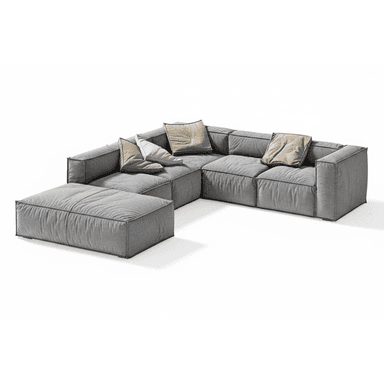 A contemporary modular sectional sofa upholstered in grey fabric, featuring deep, soft cushions and a matching ottoman. The design emphasizes comfort and flexibility, with distinct seams defining the individual modules. — 3D model (AI enhanced source)