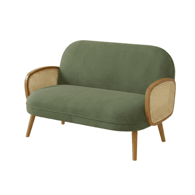 A contemporary loveseat upholstered in a ribbed green fabric, featuring distinctive armrests made from light-toned wood with integrated cane webbing panels. It has a rounded backrest and seat, supported by four tapered wooden legs. — 3D model (AI enhanced source)