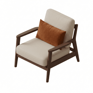 A modern armchair featuring a dark wooden frame and light-colored upholstered cushions, accented with a contrasting rust-colored rectangular throw pillow. — 3D model (AI enhanced source)