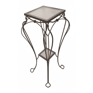 A tall, ornate display stand constructed from dark wrought iron with two square, frosted glass surfaces. The frame features intricate scrollwork and twisted metal details, forming elegant, flowing legs and supports. The stand has a primary square top shelf and a smaller square lower shelf, both fitted with glass inserts. The iron frame has a dark, possibly aged bronze or black finish. — 3D model (AI enhanced source)