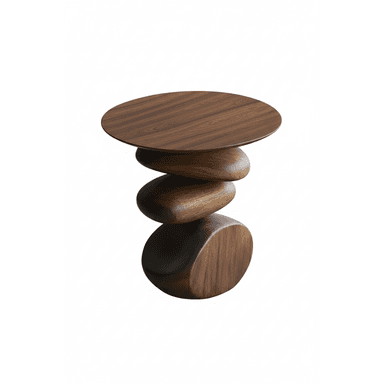 An organic modern side table with a circular dark walnut top and a sculptural base made of three stacked, irregularly shaped wooden elements, resembling polished stones. — 3D model (AI enhanced source)