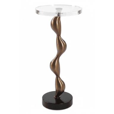 A tall, slender accent table featuring a clear round acrylic top, supported by a sculptural, wavy, bronze-finish metal pedestal, resting on a flat, round black base. — 3D model (AI enhanced source)